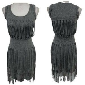 Womens Jersey Tee Dress Size Small Gray Fringe Stretch Pullover Casual Sleeveles